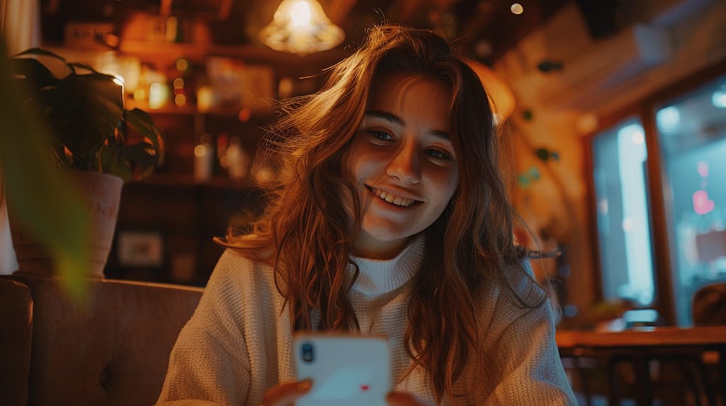 dziewczyna uśmiecha się i patrzy w telefon