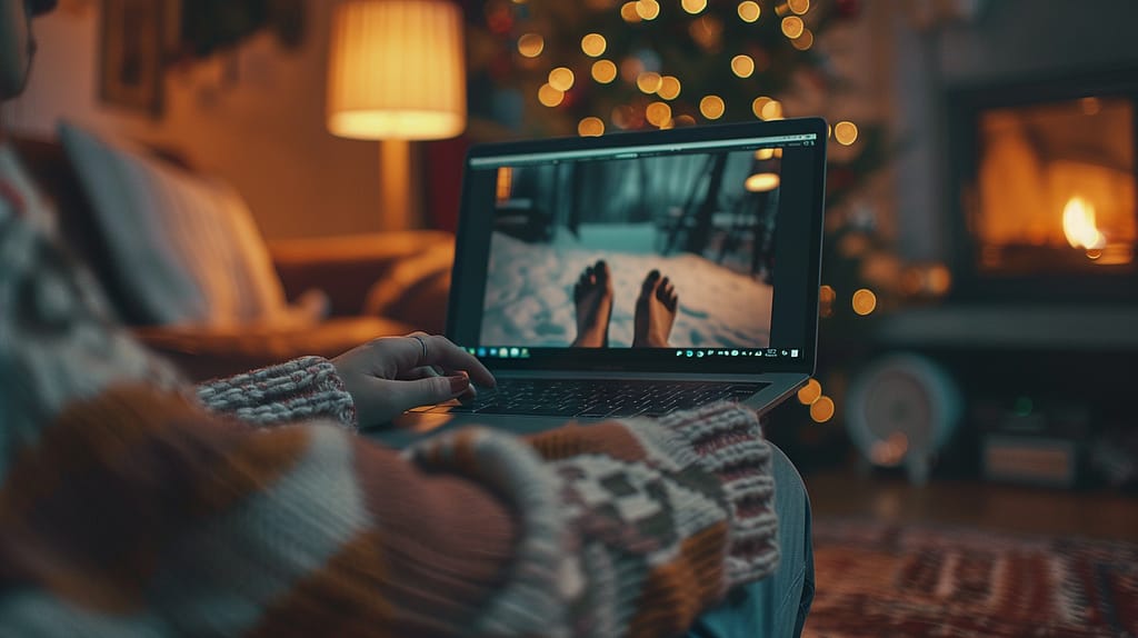 kobieta edytująca zdjęcie stóp na laptopie