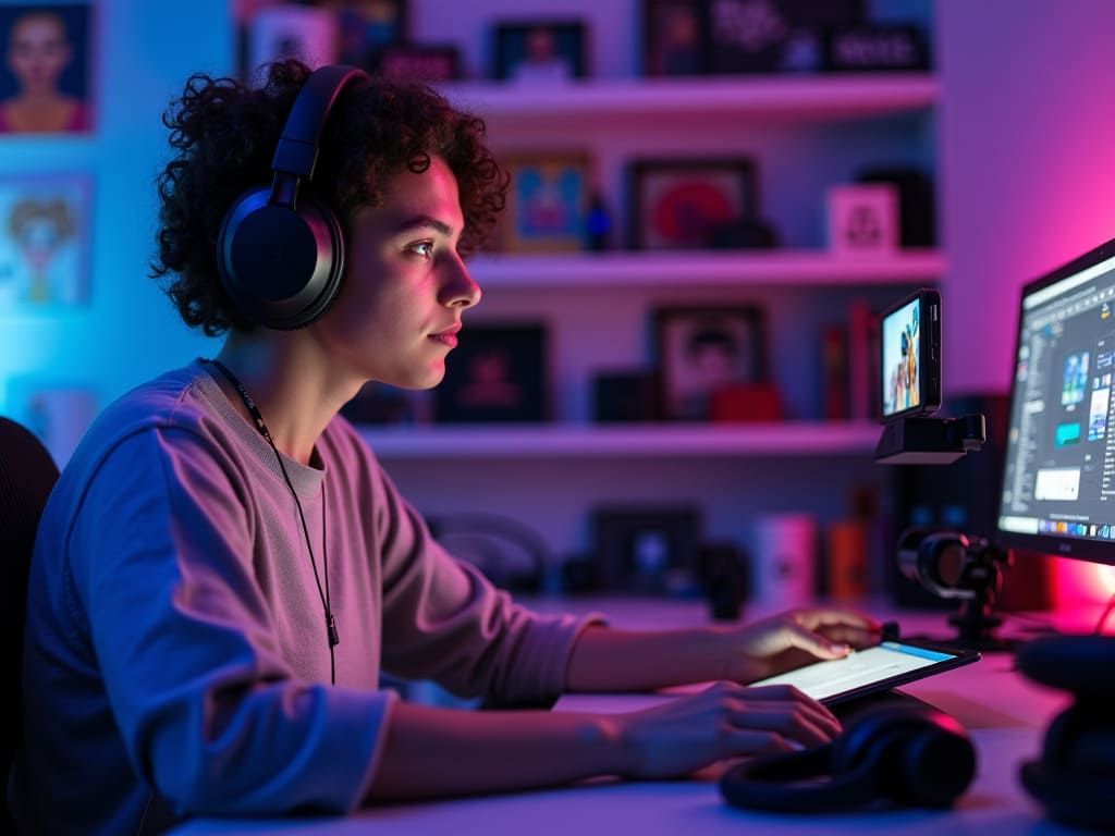 A horizontal photograph showing a digital artist or influencer recording content at home. The subject is sitting at a desk with vibrant, colorful lighting (purple and blue tones), surrounded by creative tools such as a tablet, headphones, and a smartphone mounted on a tripod. The background includes a blurred shelf filled with merchandise and personal touches, like fan-made artwork, creating an atmosphere of connection with their online community.