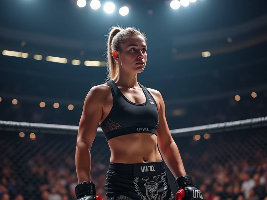 Agnieszka Bobek, a young female MMA fighter, stands confidently in an octagonal cage, wearing sports attire and gloves, surrounded by a cheering crowd and bright arena lights.
