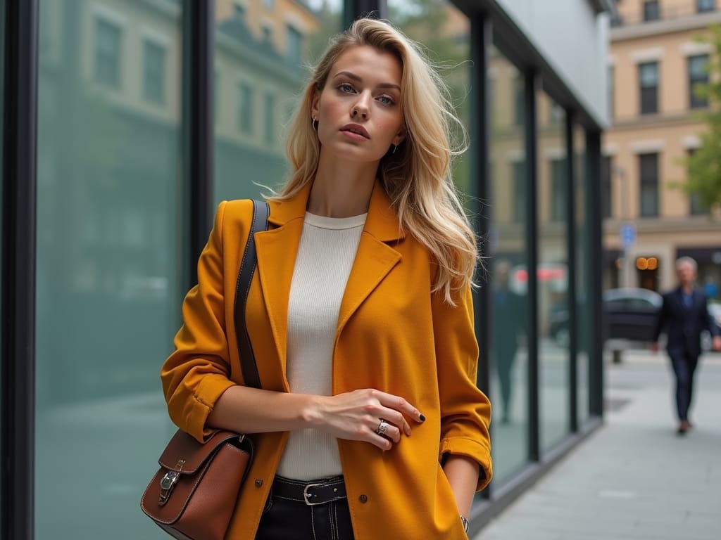 Ewa Brodnicka confidently posing in a chic outfit in front of a modern building, with bright natural daylight highlighting her features.