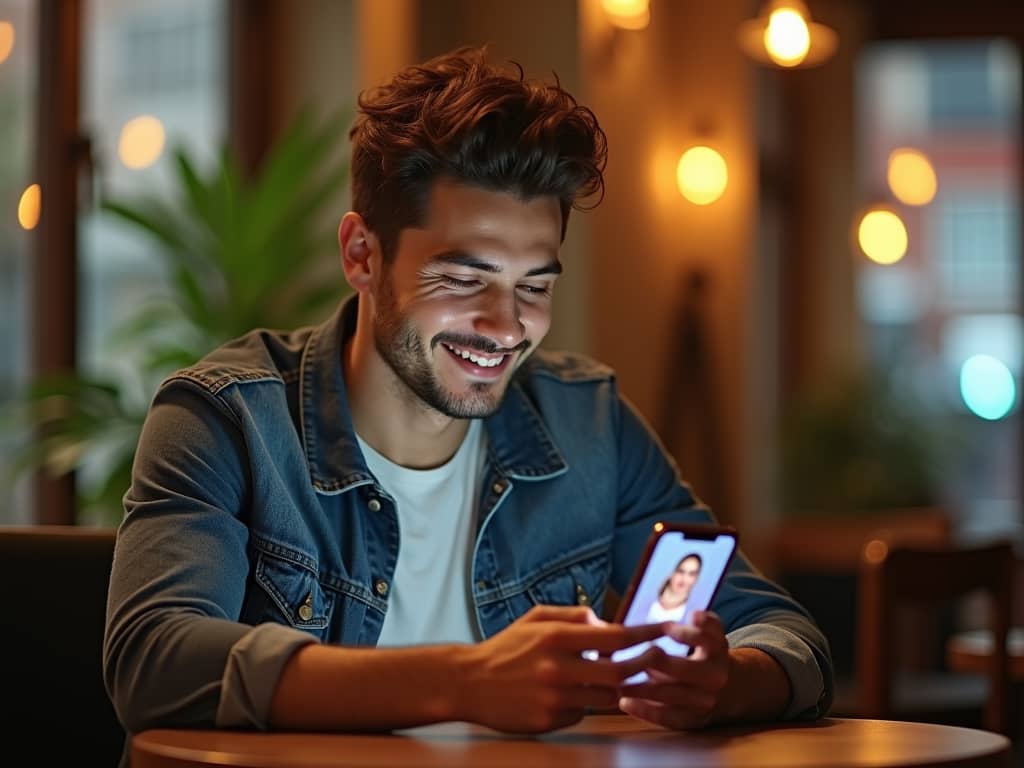 A young man in a cozy café, looking at his smartphone displaying an AI girlfriend application, with warm ambient lighting and plants in the background.