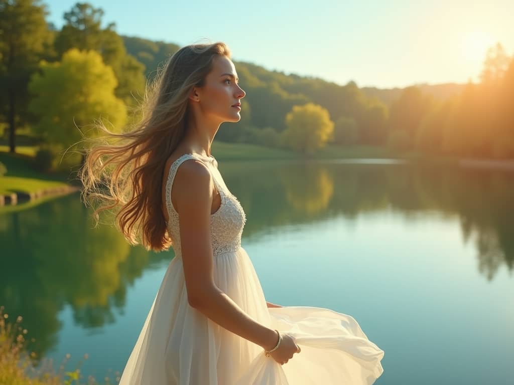 A woman in a flowing white dress stands near a tranquil lake, surrounded by greenery, illuminated by warm golden hour sunlight.