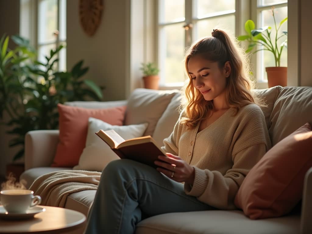 A young woman sitting on a couch in a cozy living room, reading a book and smiling in warm natural light.