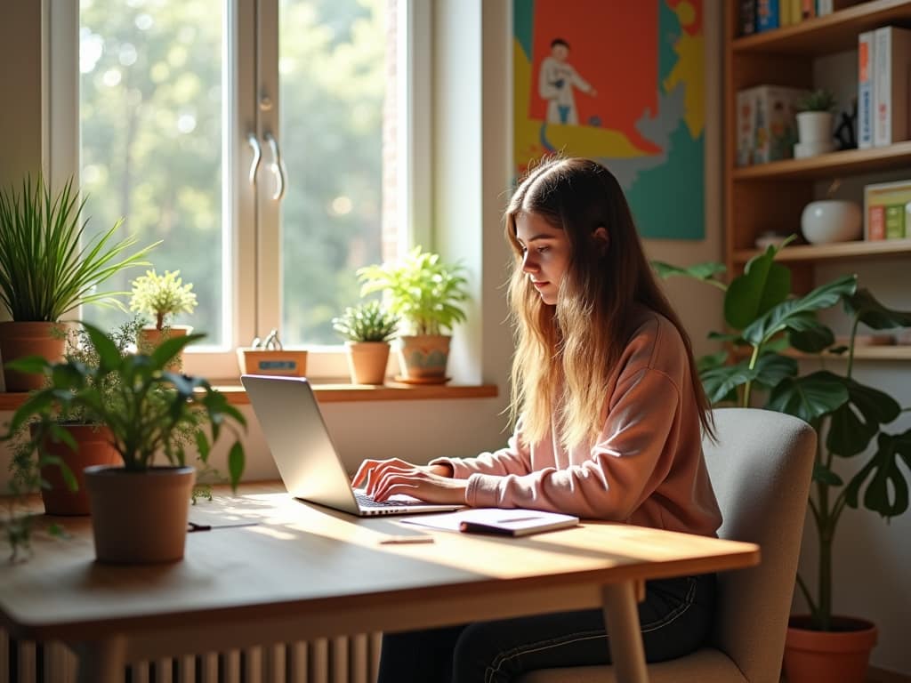 A young woman working on a laptop in a cozy home office, surrounded by plants and colorful artwork, with natural light streaming through a window.