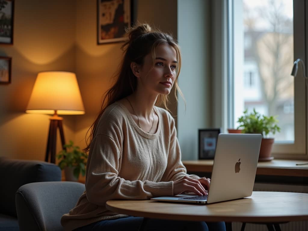 Młoda kobieta siedzi w nowoczesnym pokoju i z uśmiechem korzysta z aplikacji Replika AI na laptopie, oświetlona naturalnym światłem z dużego okna.