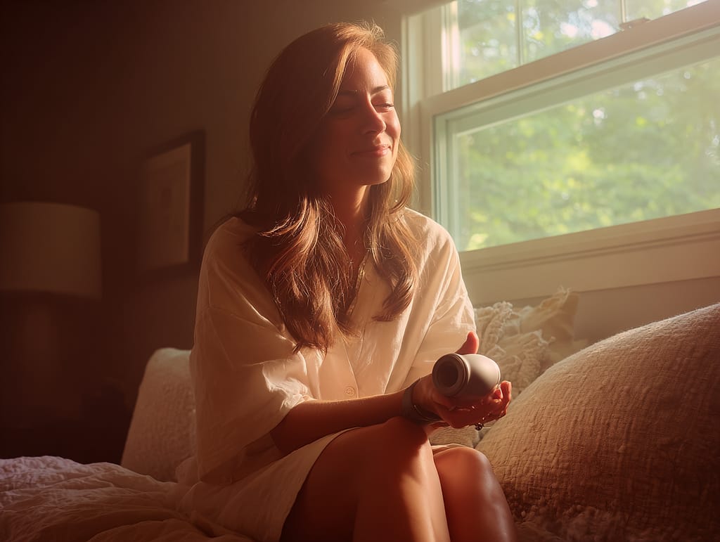 A warm, candid RAW photo taken from a distance, showing a young woman in a cozy, softly lit room, sitting comfortably on a couch or the edge of a bed. She holds a small, discreet, elongated personal wellness object in one hand smooth and matte, no longer than the span of two hands, with a soft circular opening at one end. The mood is light and relaxed. She’s smiling subtly or looks thoughtful in a natural, everyday way. The scene captures a quiet, pleasant moment at home, with warm daylight, cozy textures, and a peaceful vibe. Framed from farther away the woman is part of the environment, not the central focus.