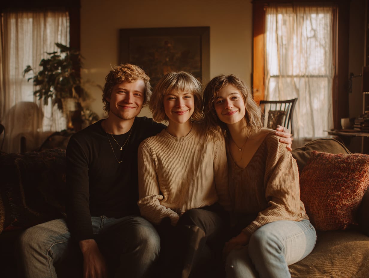 Three adults in their 20s or 30s sitting closely together on a couch in a cozy living room, casually dressed, smiling softly and making gentle eye contact, one person with their arm around another, warm afternoon light coming through a window, soft natural tones, captured in DSLR lifestyle photography style