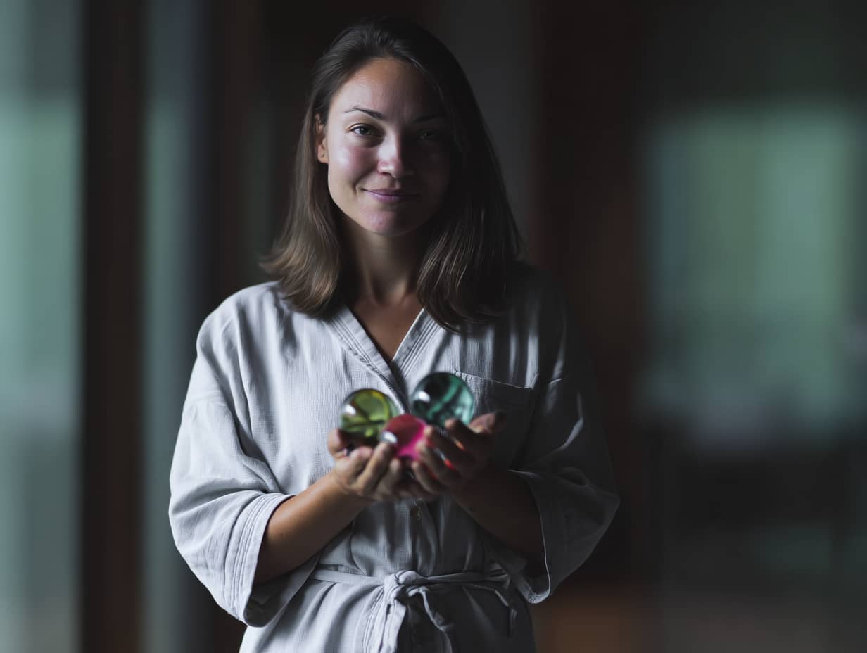 A candid full-body photo of a Caucasian woman standing in soft morning light, wearing light, cozy morning clothes (like a robe or oversized shirt), gently holding in her hand two or three elegant, smooth glass-like spheres with a shiny surface, colorful and translucent, natural smile, relaxed posture, indoors near a window, calm and bright atmosphere, warm tones, soft background blur, cinematic photography, realistic lighting, subtle shadows