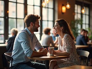 a young couple meeting for the first time in a cozy, modern café. The couple, engaged in a friendly conversation, exude genuine happiness and compatibility. The man is in a smart casual outfit, featuring a light blue shirt and dark jeans, while the woman wears a stylish dress with subtle floral patterns. The café is bustling with morning light streaming through large windows, creating a warm and welcoming atmosphere.