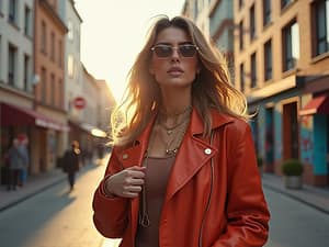 A fashionable Polish influencer queenoftheblac poses confidently in a vibrant urban setting during golden hour lighting.