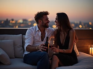 A stylish couple sitting on a rooftop sofa, enjoying wine and laughter, with a softly lit city skyline in the background during twilight.