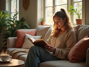 A young woman sitting on a couch in a cozy living room, reading a book and smiling in warm natural light.