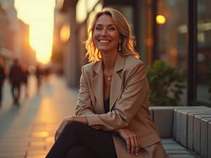 An attractive middle-aged woman sits confidently in a modern city setting at sunset, smiling warmly and dressed elegantly, captured in soft golden light.