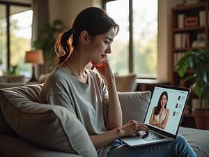 A young woman in a cozy living room talks with a virtual AI companion on her laptop, bathed in soft natural daylight through large windows.