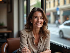 An elegant woman in her mid-forties sitting in a sunlit urban café, smiling gently with natural daylight highlighting her face and surroundings.