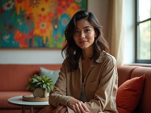 A stylish young woman named Songheli seated in a modern room, illuminated by soft natural light, engaged in a direct interaction.
