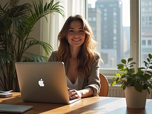 A confident young woman named Llleasy sitting at a stylish desk with her laptop displaying her OnlyFans profile, illuminated by soft natural light.