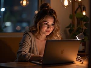Młoda kobieta w eleganckim wnętrzu przeglądająca portal randkowy na laptopie, otoczona ciepłym światłem i osobistymi przedmiotami.