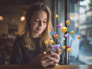 candid DSLR-style photo of a woman laughing while sending emojis on her phone, indoor cozy café setting, golden natural light through the window, vibrant emojis on screen (🔥🍒😈), background softly blurred, intimate modern moment