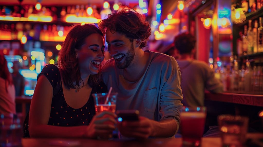para siedząca w barze, pijąca drinki i korzystająca z aplikacji Tinder